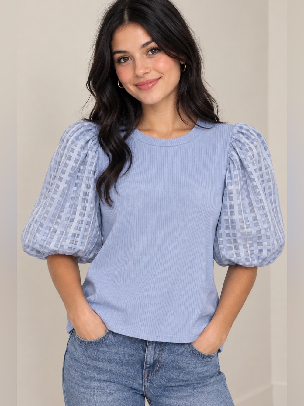 Flying Tomato Light Blue Ribbed Top with Puff Checked Sleeves
